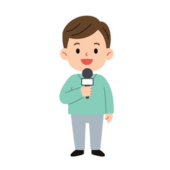Friendly cartoon male reporter with brown hair wearing a green shirt and holding a microphone.