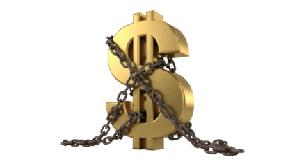 Golden dollar sign symbol wrapped in a metal chain, isolated on white background