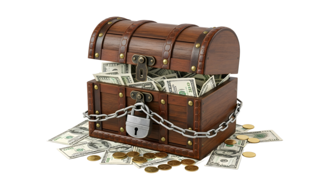 Symbolic image of US tariffs as a locked treasure chest full of money.