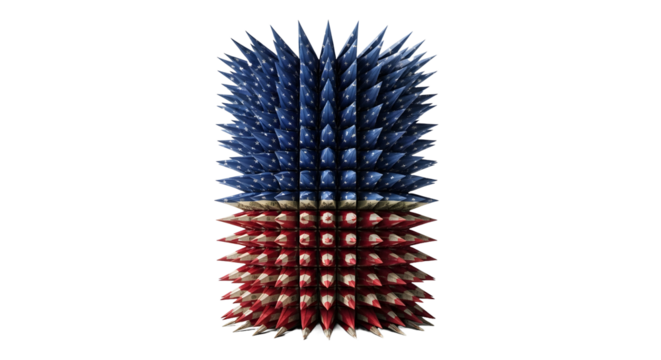 Creative representation of tariffs as a wall with spikes made of dollar bills with an American flag pattern.