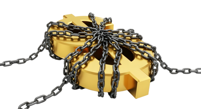 Conceptual image of US tariffs represented by a giant dollar sign wrapped in chains.
