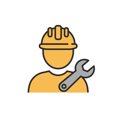 Filled line icon of a construction worker in a yellow hard hat with a spanner tool.