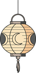 A mystical decorative paper lantern adorned with crescent moon phases and a tassel, creating an enchanting ambiance, perfect for spiritual themes, cultural festivals, and magical night celebrations.