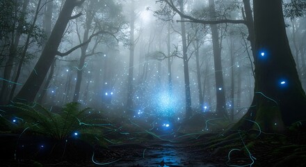 Obraz premium Enchanting forest path with glowing blue lights and misty atmosphere