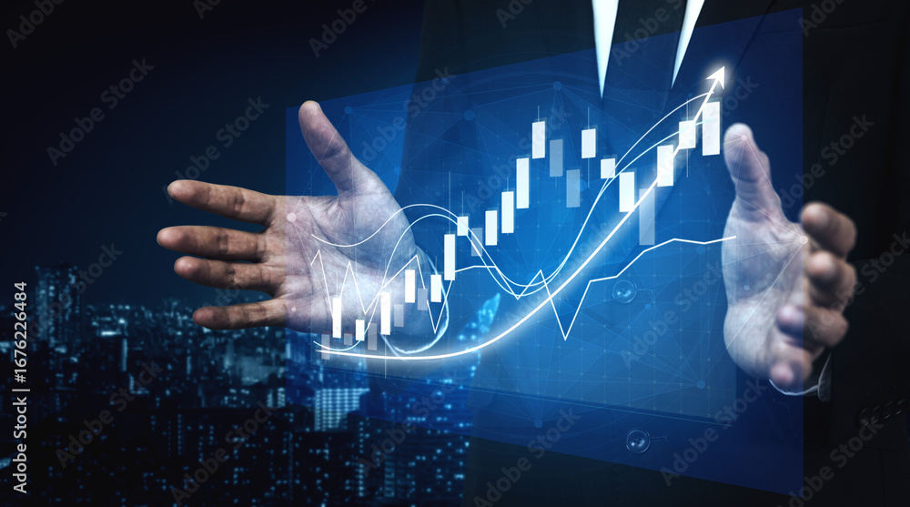 Poster a professional display featuring hands presenting a growth chart with data visualization elements ag