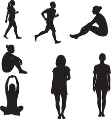 Diverse Silhouettes of People Engaged in Various Activities Black and White Figures Depicting Exercise Relaxation and Casual Poses in a Simple Composition