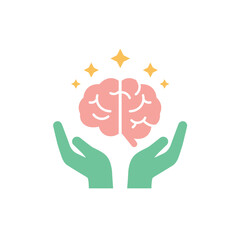 Minimalist icon of green hands holding a sparkling pink brain symbolizing mental health care.
