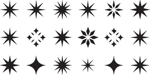 Collection of Black Starburst and Sparkle Icons on White Background symbol