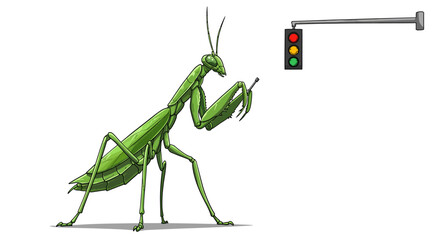 Praying mantis and traffic light: humorous concept illustration