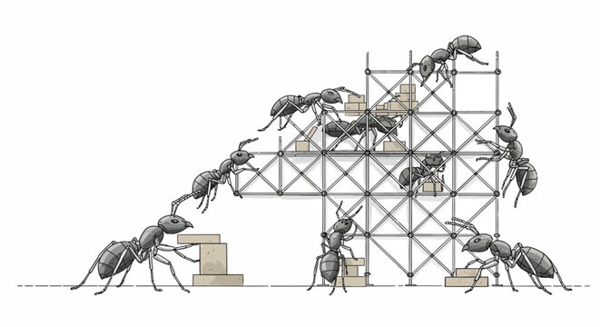 Ants constructing a building with scaffolding and blocks