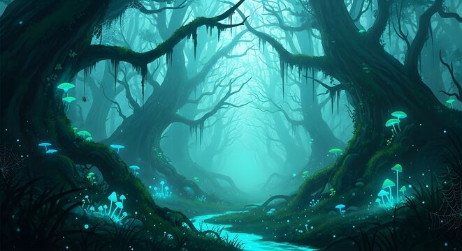 Eerie forest path with glowing mushrooms and twisted trees in a mystical teal fog