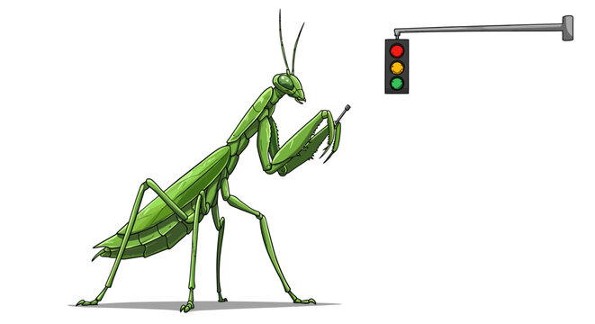 Praying mantis and traffic light: humorous concept illustration