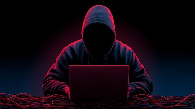 Hacker in Hoodie Using Laptop in Dark Neon Environment - Powered by Adobe