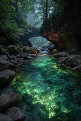 Crystal-clear stream flowing through a rocky, forested gorge