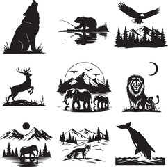 Silhouette Animals in Nature Scenes Featuring Wolf, Bear, Eagle, Deer, Elephant, Lion, Fox, and Whale Vector Illustrations © Aziz