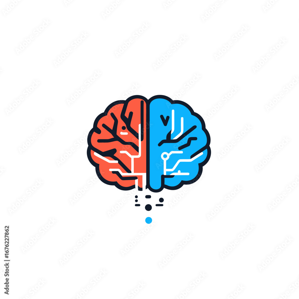 Aufkleber flat minimalist digital brain logo vector with red and blue circuit board design representing techno