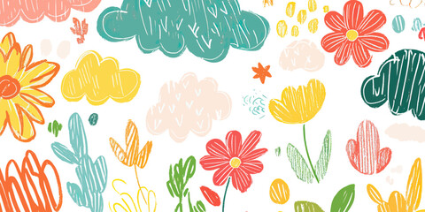 Colorful hand drawn flower and cloud doodle pattern with crayon textures and playful summer garden elements on white background vector illustration