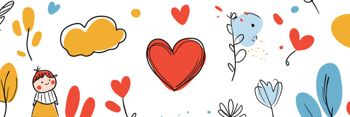 Hand drawn cute child doodle with colorful hearts, flowers, clouds, and abstract playful elements in minimalist flat vector style background for children design and decoration