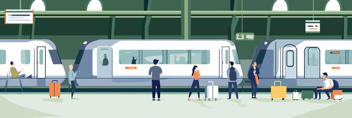 Modern city train platform with diverse passengers waiting for regional train departure at central station in flat minimal vector style illustration