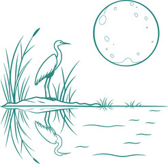 Elegant line art of a heron standing near water with moon reflection and reeds. Minimal nature scene for calm and serene themes. Perfect for wildlife, landscape, and decorative designs.