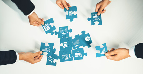 Top view panorama banner of business team assembling jigsaw puzzle over table symbolize business partnership and collective teamwork for HR recruitment and job seeker background. Shrewd Amity