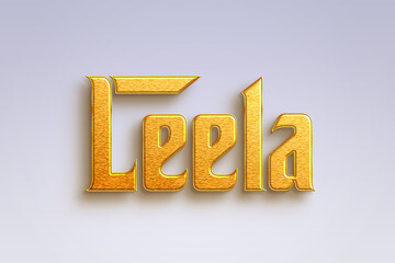 Gold text effect of Hindi name Leela on light-blue background.