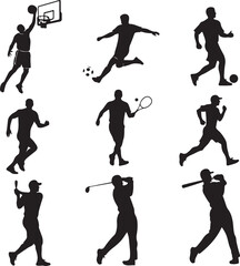 Sports Silhouettes Depicting Basketball, Soccer, Tennis, Running, Golf and Baseball Athletic Figures, Sportsman's Action Collection and Stylized Black Shapes