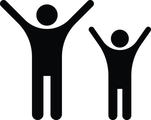 Fototapeta premium Black Silhouette of Happy Adult and Child Raising Arms in Celebration Icon. Father and Son Joy, Success, Family, Freedom, Achievement Vector on Transparent Background.