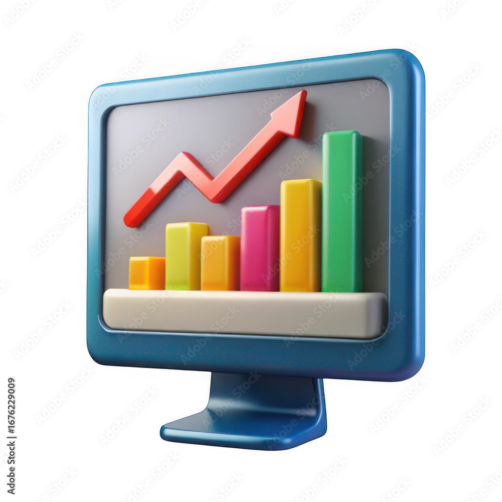 Poster 3d computer monitor displaying upward trend bar chart and arrow transparent background