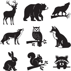 Silhouette Animals Woodland Scene Featuring Deer, Bear, Wolf, Fox, Owl, Squirrel, Rabbit and Raccoon Isolated on White