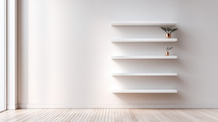 Fototapeta premium A minimalist interior featuring white shelves on a light wall, adorned with small potted plants, creating a calm and modern aesthetic.
