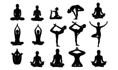 Yoga silhouette collection, meditation poses, fitness exercise, body balance, spiritual lifestyle, mindfulness practice, relaxation techniques, healthy living, wellness yoga training, calm mind