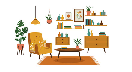Modern living room interior with mid-century furniture and bohemian decor elements