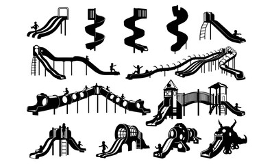 Playground slides silhouette, children playing, spiral slide, tunnel slide, outdoor park activities, fun kids play, recreation equipment, happy childhood, vector illustration design