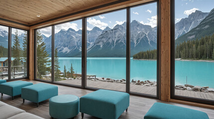 Lakeside Resorts Glass-front lodges with turquoise glacial lake views