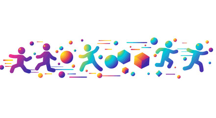Colorful gradient silhouette of running figures and geometric shapes in motion