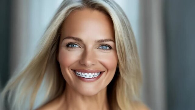woman with braces on the teeth with copy space