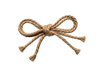 A rustic handmade bow of coarse undyed hemp twine, earthy brown, uneven loops, frayed ends, isolated on a transparent background, bright overhead light, concept of sustainable artisanal quality