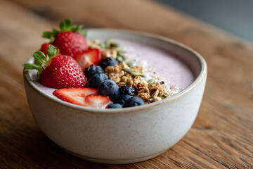 healthy breakfast options, fruit, granola, and seed smoothie bowl on wooden table