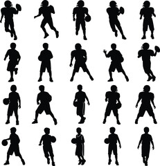 Fototapeta premium Silhouettes of American Football Players in Action Poses with Footballs sport