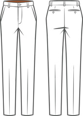 Men’s formal straight-leg trousers with belt loops, side and back pockets, front and back view, CAD flat vector illustration