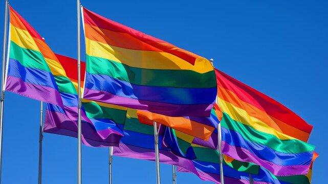A row of rainbow flags are flying in the sky. The flags are of different sizes and colors, but they all have the same rainbow pattern. The flags are arranged in a line