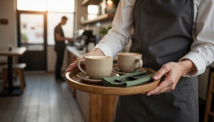 Female barista wearing apron carrying tray with cup of latte art cappuccino. Professional waitress serving customer in cafe on sunny morning. Woman working in coffee shop.
