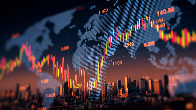 Gr&aacute;ficas financieras sobre mapa mundial y ciudad iluminada