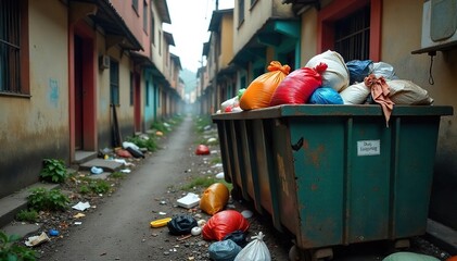 Fototapeta premium Overflowing dumpster overflowing with household trash, bags ripped open, revealing discarded items; evidence of poverty and neglect in a forgotten alleyway , waste, trash