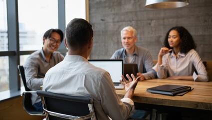 Obraz na płótnie Canvas Businessman sitting at conference table, engaging with colleagues while passionately presenting innovative ideas in modern office setting. Business team on business meeting.