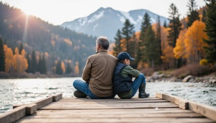 Father and son enjoying beautiful autumn day in nature, sitting on wooden dock and resting taking break in hiking. Quality time together.