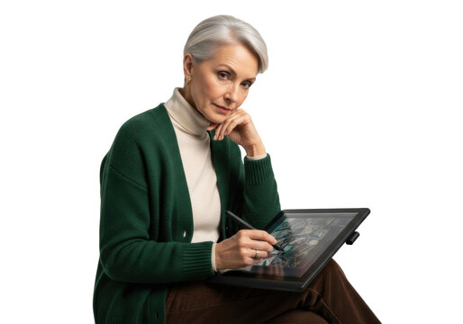 Caucasian woman, 60s, silver hair, green cardigan, thoughtful, holding black graphic tablet with stylus over glowing digital art screen, transparent background. Concept of digital craftsmanship