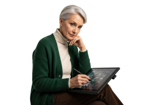 Caucasian woman, 60s, silver hair, green cardigan, thoughtful, holding black graphic tablet with stylus over glowing digital art screen, transparent background. Concept of digital craftsmanship