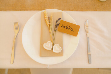 Elegant Table Place Setting with Wheat and Heart Decor